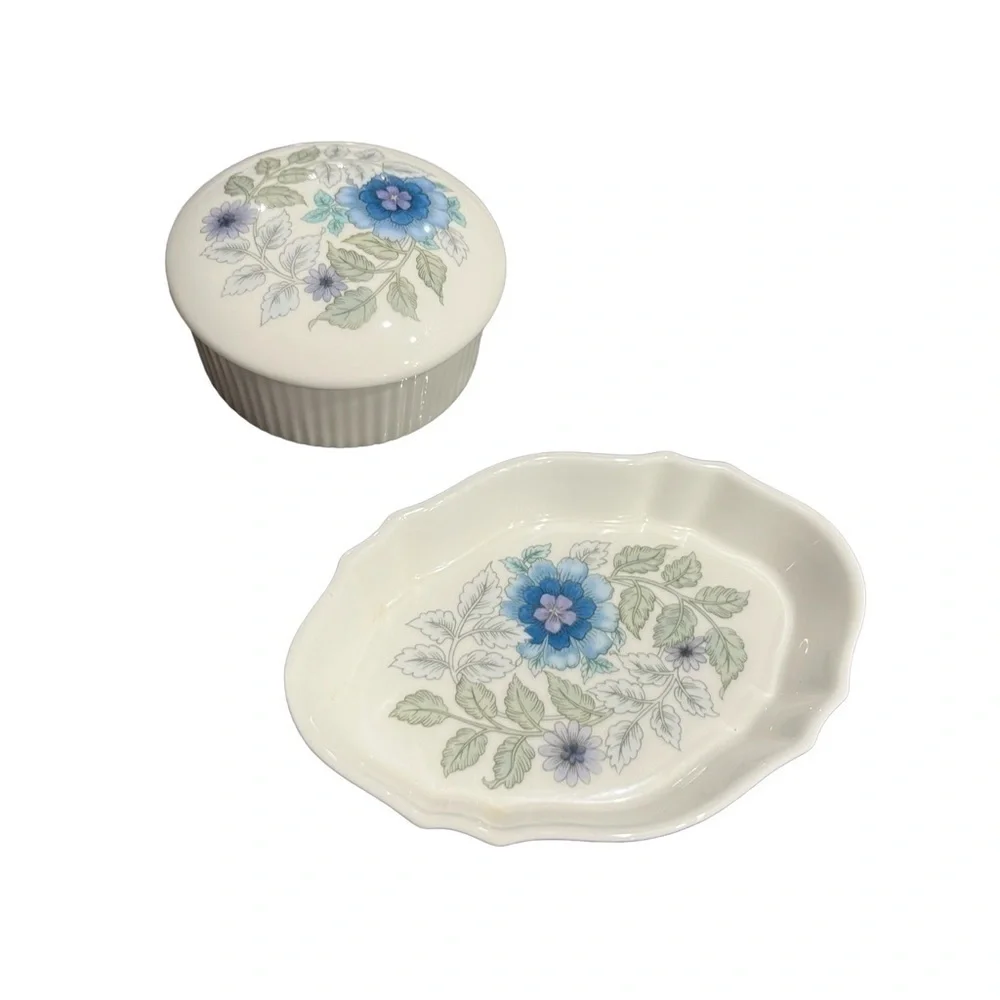 Wedgwood Trinket Tray and Box Dresser Set Clementine Blue Floral Bone China